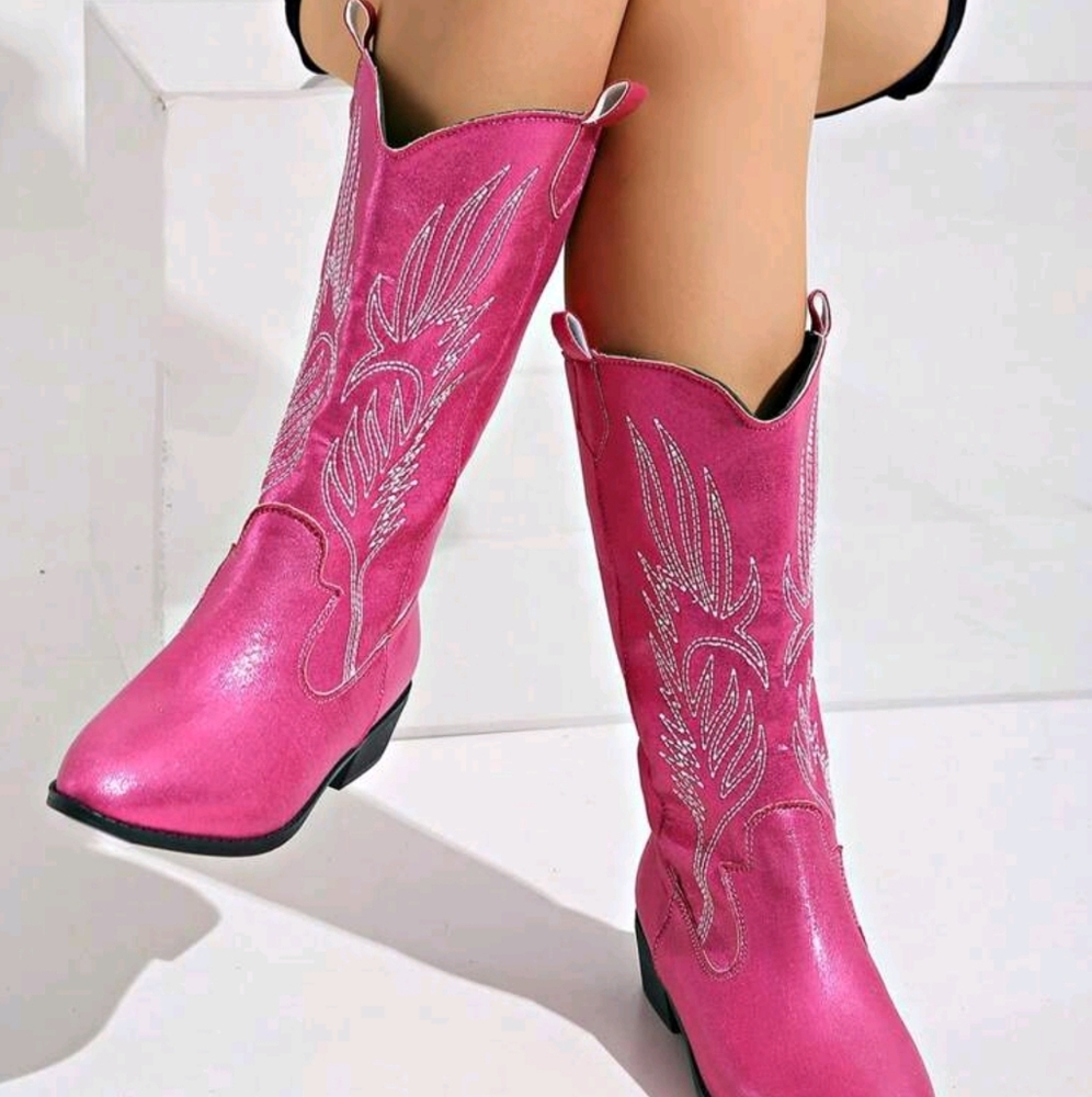 Women's Fashionable Embroidered Leather Western Boots, Pink Low-Heel Chunky